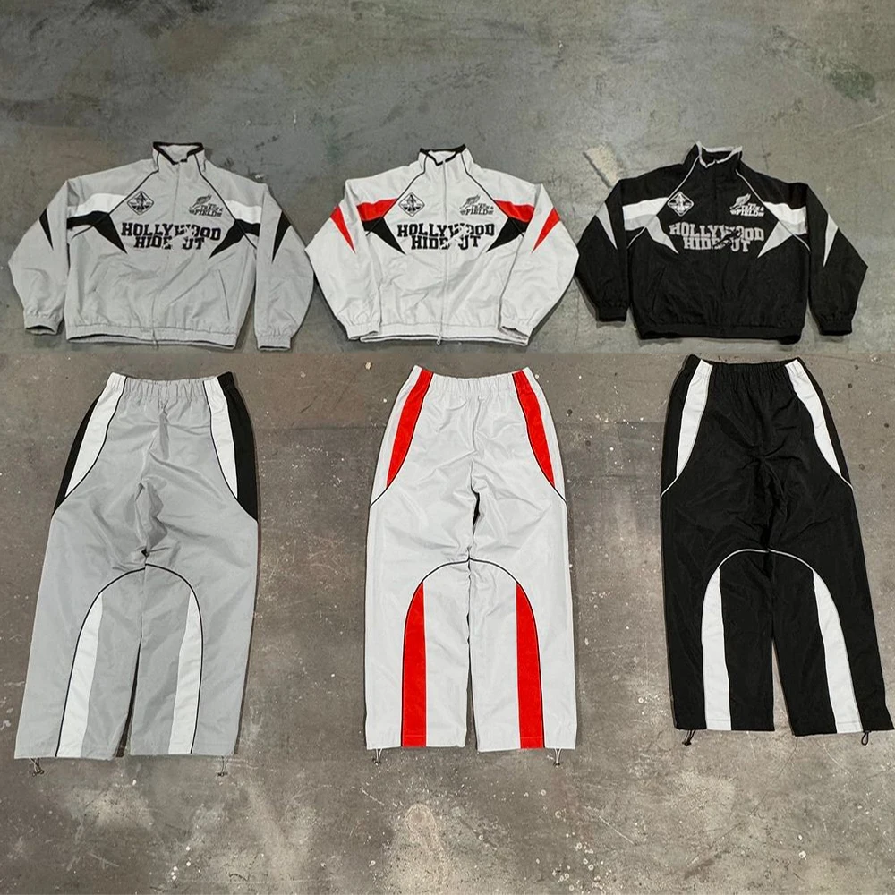 New fashion windbreaker sweatsuit set zip up jackets streetwear cut and sew 2 piece jogging nylon windbreaker tracksuit set