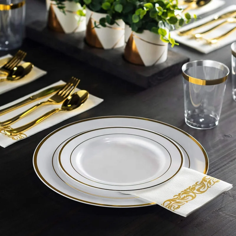 Round Plastic Dinner Plates Set Gold Rim Disposable Premium Heavy Duty Hard 10.25inch And 7.5inch Dishes Plates For Wedding Part