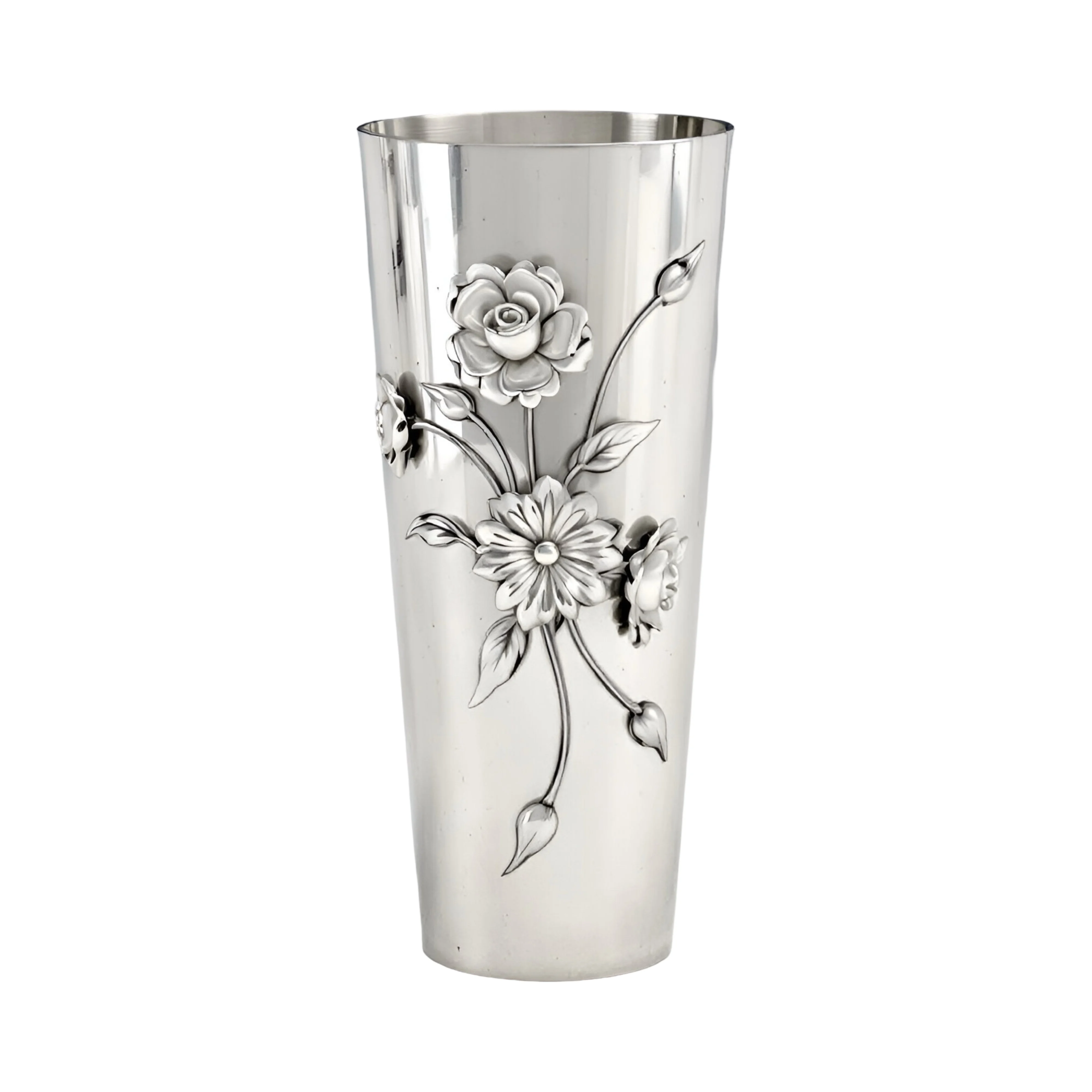 Elegant Silver Floral Vase Tapered Metal Stainless Steel Design with Embossed Flowers for Refined Home & Office Decor Vases