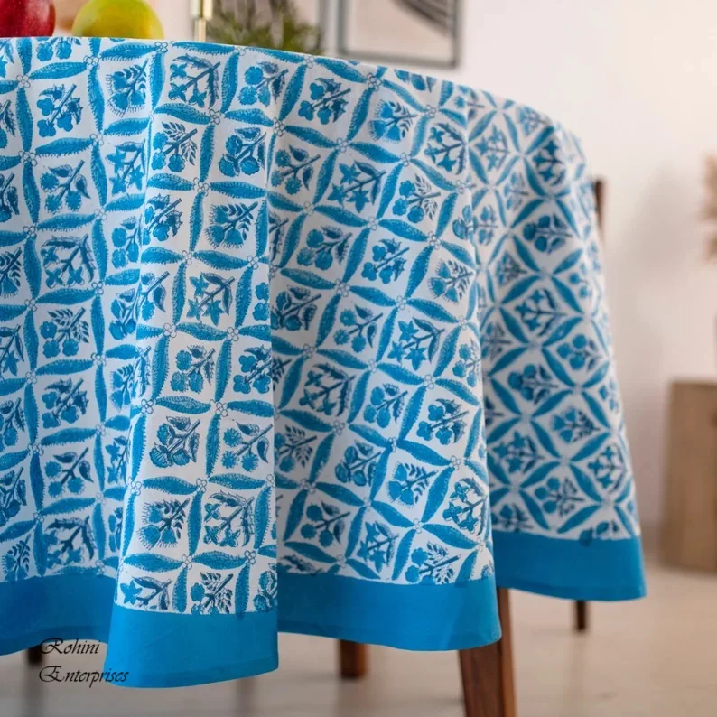 Васильковый синий цветочный индийский ручной блок принт 100% хлопковый круглый стол скатерть с индивидуальным размером для дома отеля