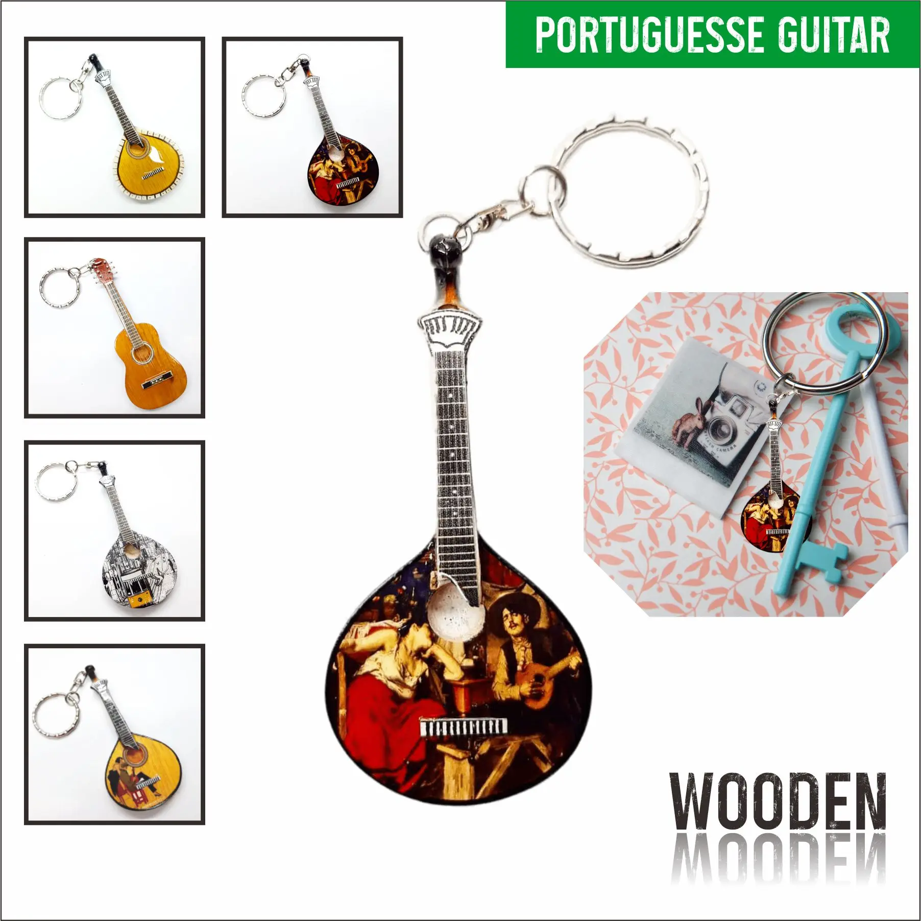 Miniature wooden portuguesse guitar keychain for decoration