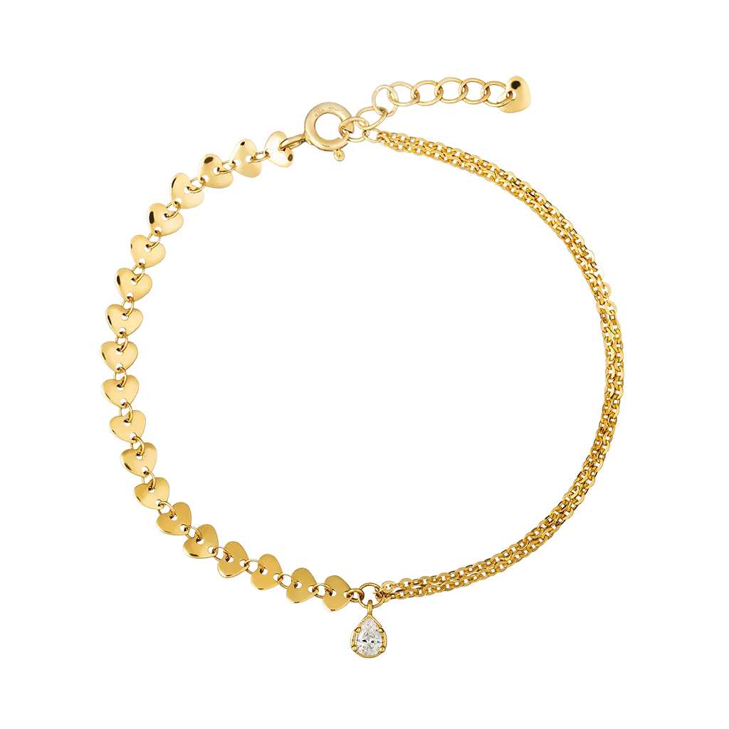 14k Gold Jewelry Wholesale Real Gold Link Chain Heart Shaped Bracelet For Girl Trendy Korea Design Water Drop StoneLLF151