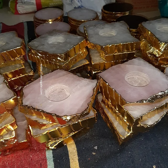 Hot Sale Luxury Modern Rose Quartz Agate Stone Pink Rose Candle Holder Gold Platting Semi-Precious Stone For Wedding Home Decor