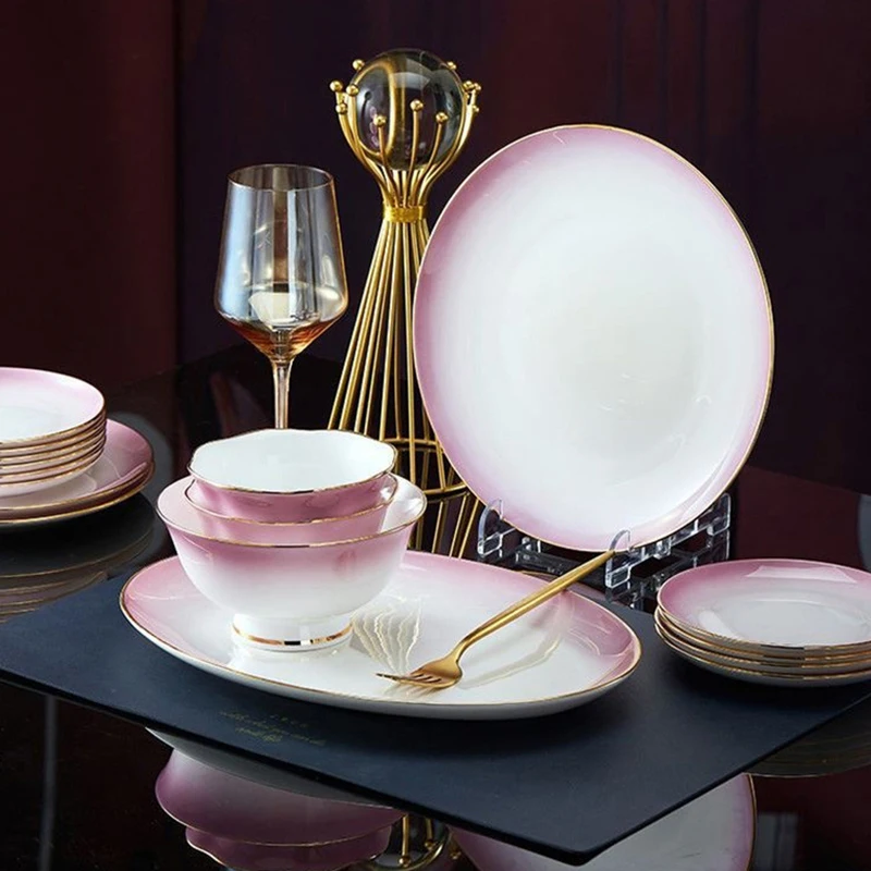 New Bone China Dinner Set Red Plate Set Pink Glazed Color Wholesale Stoneware Set Luxury Ceramic Tableware