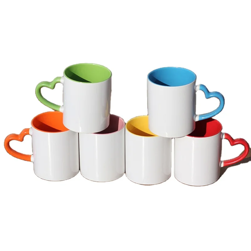 China Heat Transfer Blank Inner Color Coating Coffee Travel Sublimation Custom Ceramic Mug With Heart Handle