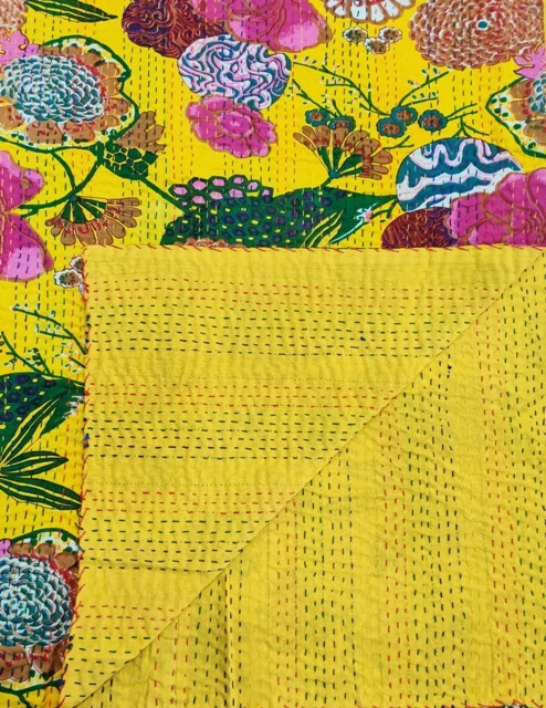Yellow Fruit Print Kantha Quilt Indian Handmade Throw Reversible Blanket Bedspread Fabric BOHEMIAN boho quilt bedding coverlets