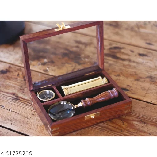 Gift Set Magnifier Glass Indian Wood Magnifying Glass Brass Telescope Compass with Wooden Box Nautical Supplies