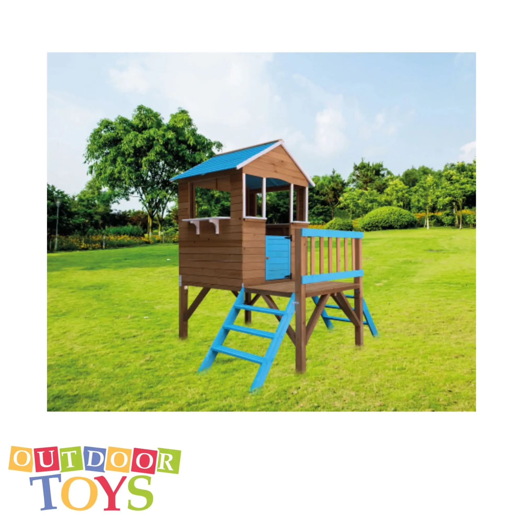 Wood Playhouse Melody Blue 2 Stairs And Front Porch For Kids  | Playhouses Outdoor Toys Ready to Ship From Spain