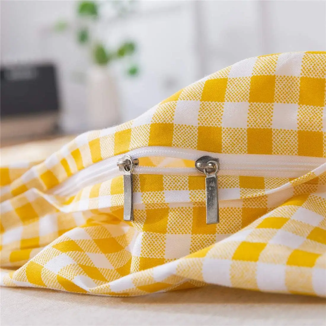 Yellow Plaid Duvet Cover Set Queen 100% Cotton Ultra Soft Grid Bedding Reversible Gingham Geometric Checker Bedding Set