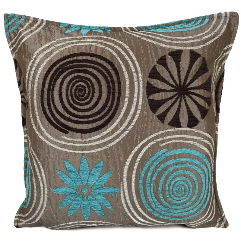 Color Chenille Pillow Cover Resistant Upholstery Fabric Stain Circle Design Turquoise Blue and Dark Brown 45 X45 Cm Woven Square