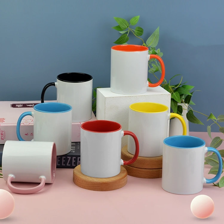 Hot sale heat transfer coated ceramic mug color handle custom wholesale mug sublimation blank 11oz white mug