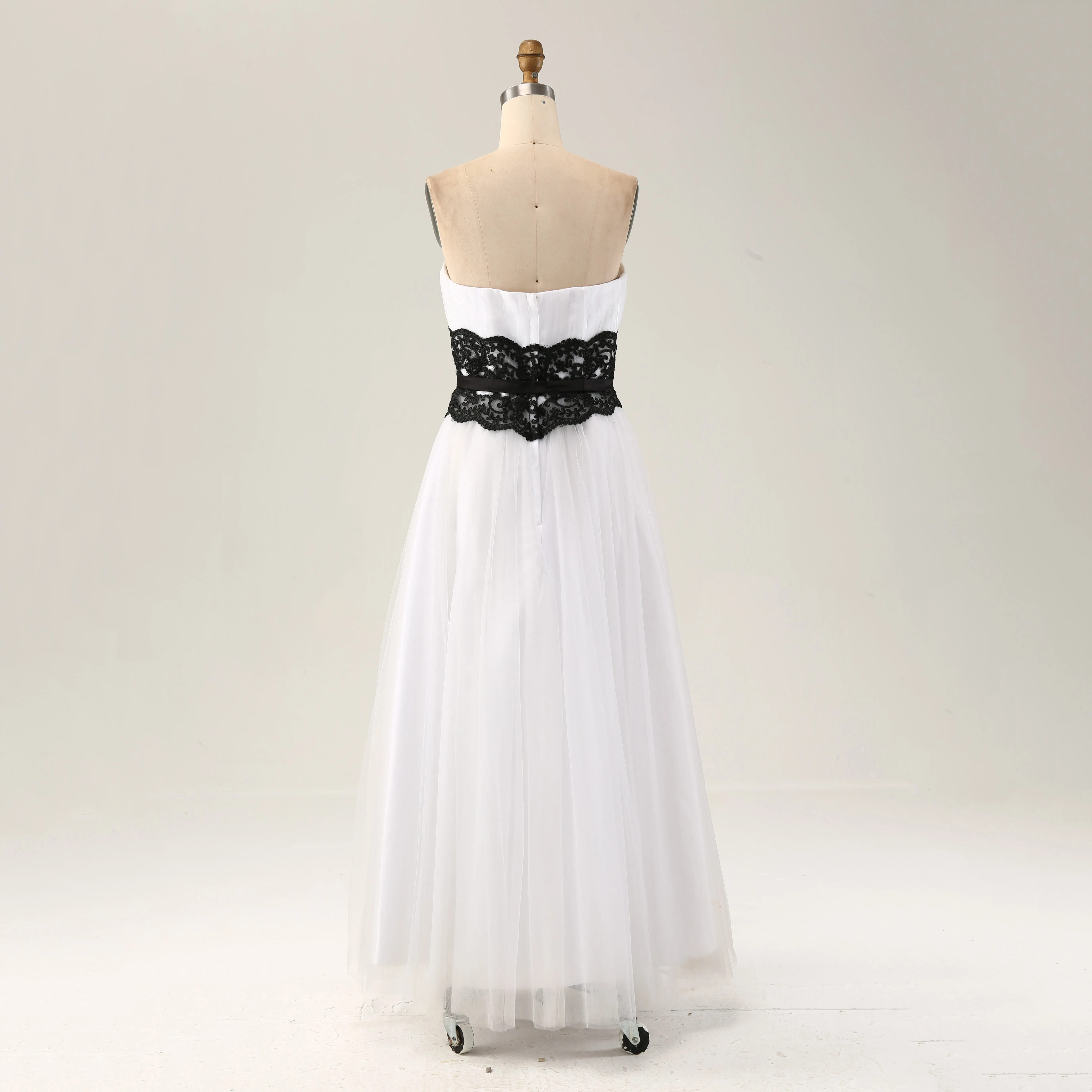 White Elegant Strapless Tea Length Formal Women Wedding Dresses Empire Waist A-Line Tulle Lace Long Bridal Gown