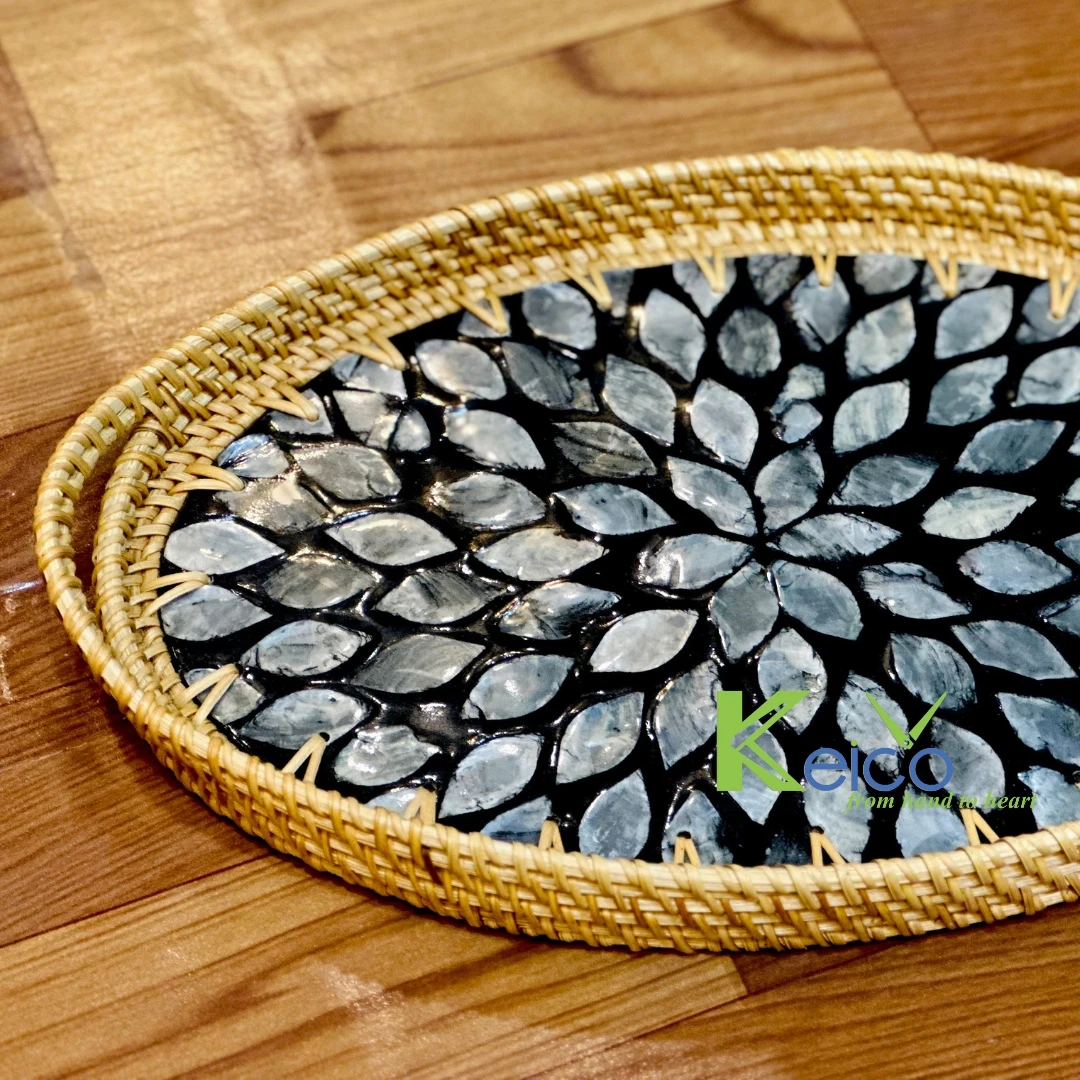 Wholesale Black Rattan Oval Plates and Dishes with Mosaic, Ceramic Customized Pattern For Kitchen For Home Decor made in Vietnam