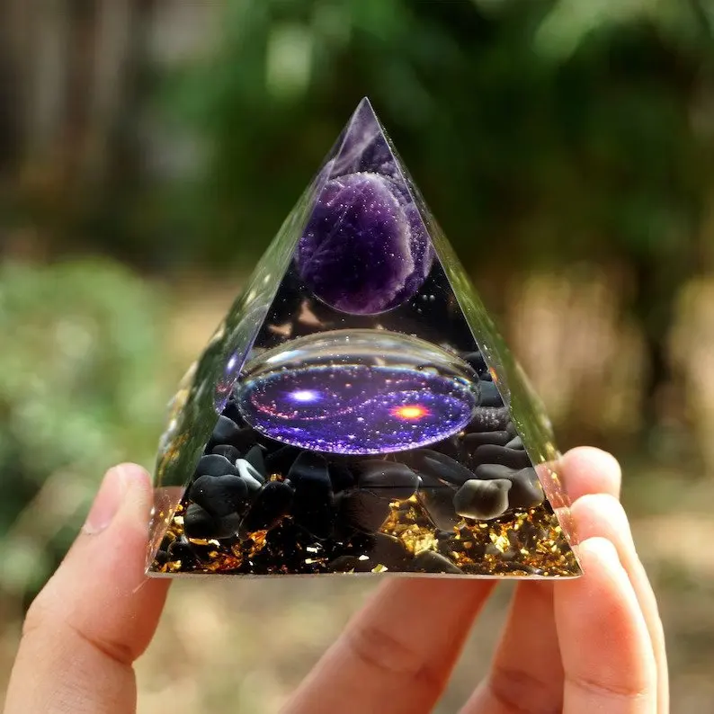 Handmade Galaxy Crystal Orgone Pyramid-Amethyst Obsidian Balance Reiki Meditation Orgonite Positive Energy Generator Healing EMF