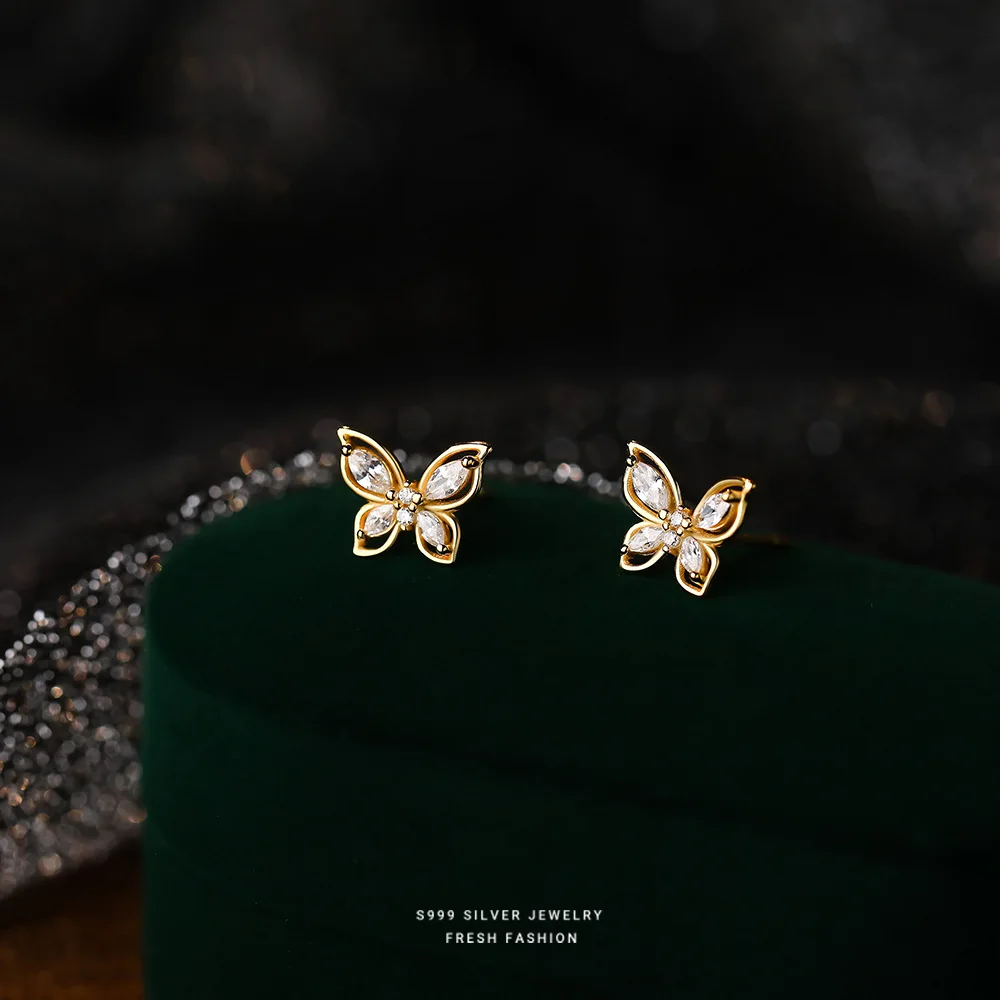 Wholesale 925 Sterling Silver Animal Cute Fashion Fine Jewelry 18K Gold Plated Zircon Butterfly Stud Earrings
