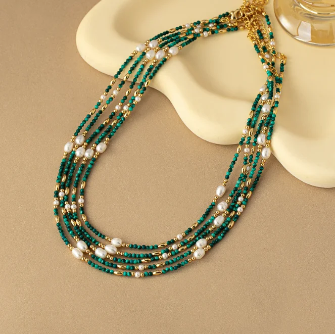 Freshwater pearl necklace retro peacock stone forest style chain temperament layered high-end feeling bead necklace jewelry