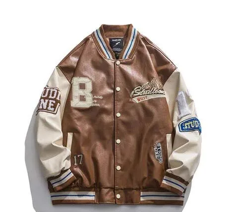 New HipHop Baseball Jacket Men Letter B Embroidery Leather Sleeve Bomber Biker Punk Vintage loose College Jacket women