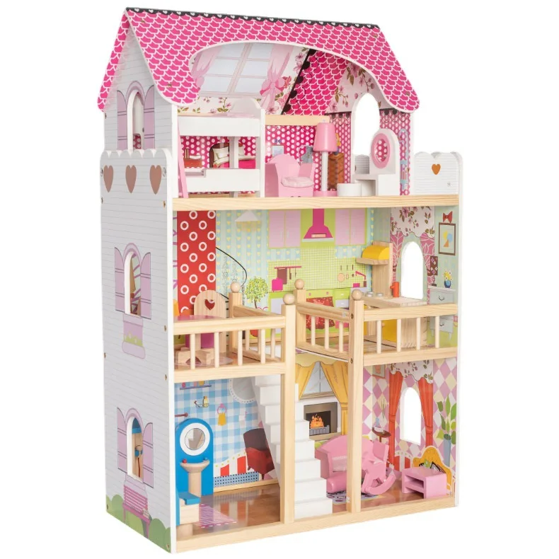 Pretend Role Play DIY Educational Toy Big Kids Wooden Doll House Villa With Doll Room Furniture Dollhouse