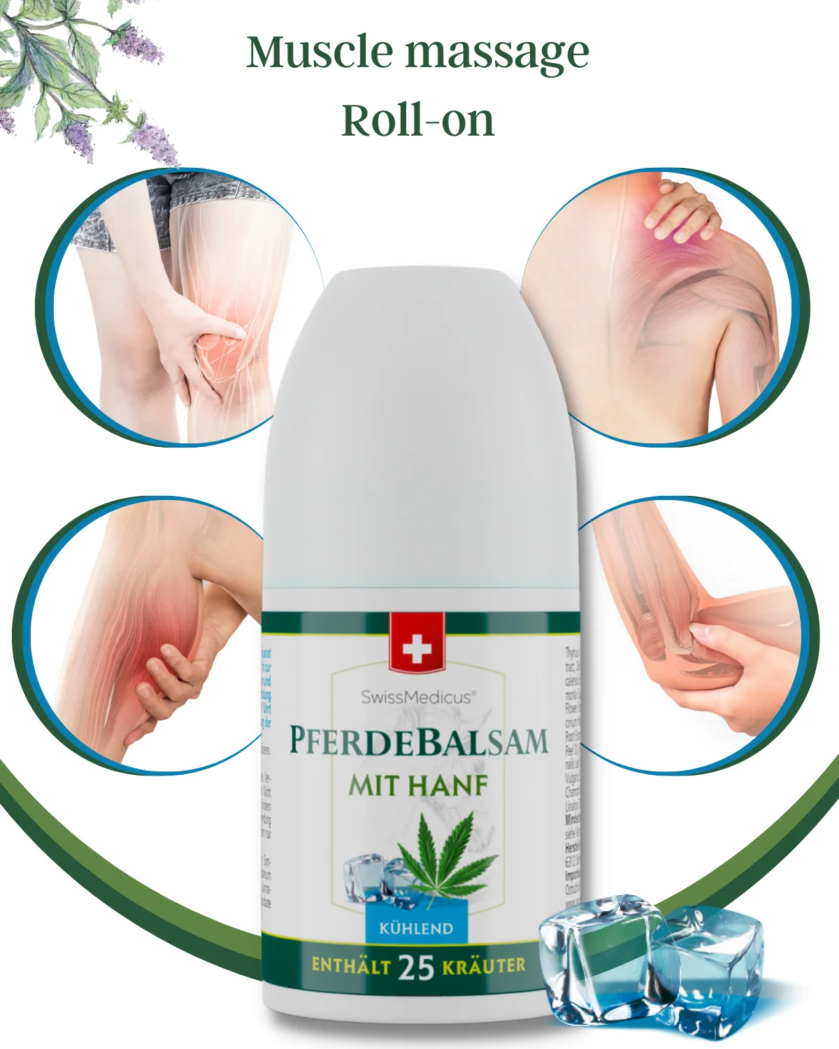 SwissMedicus Pferdebalsam with hemp cooling Roll-On, heavy legs relief, Swiss quality, pain relief cream, Varicose veins, 90 ml