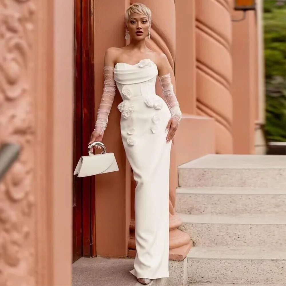 White tube top flower elastic tight sexy party gathering celebrity bandage maxi dress evening dress
