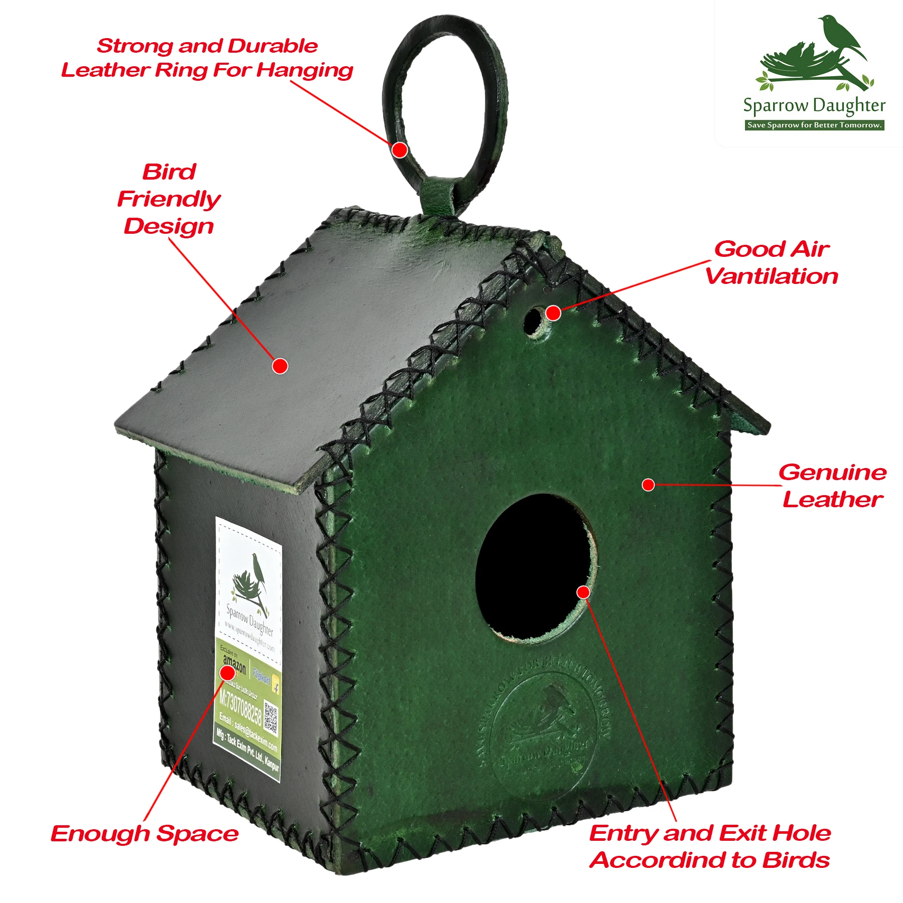 NATURAL LIVING HOME FOR BIRDS HANGING RING FOR DECORATE ANYWHERE NATURAL WEATHERPROOF REAL LEATHER BIRD HOUSE