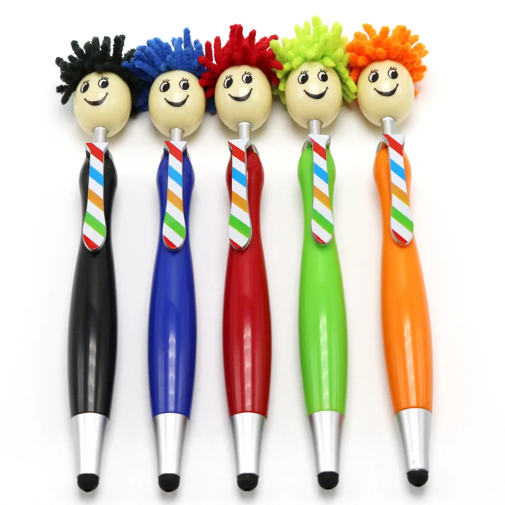 Wholesale Custom Logo Doll Head Stylus Screen Ballpoint Pen High Quality Promotional Smiley Mop Head Pen Mop Topper Pen