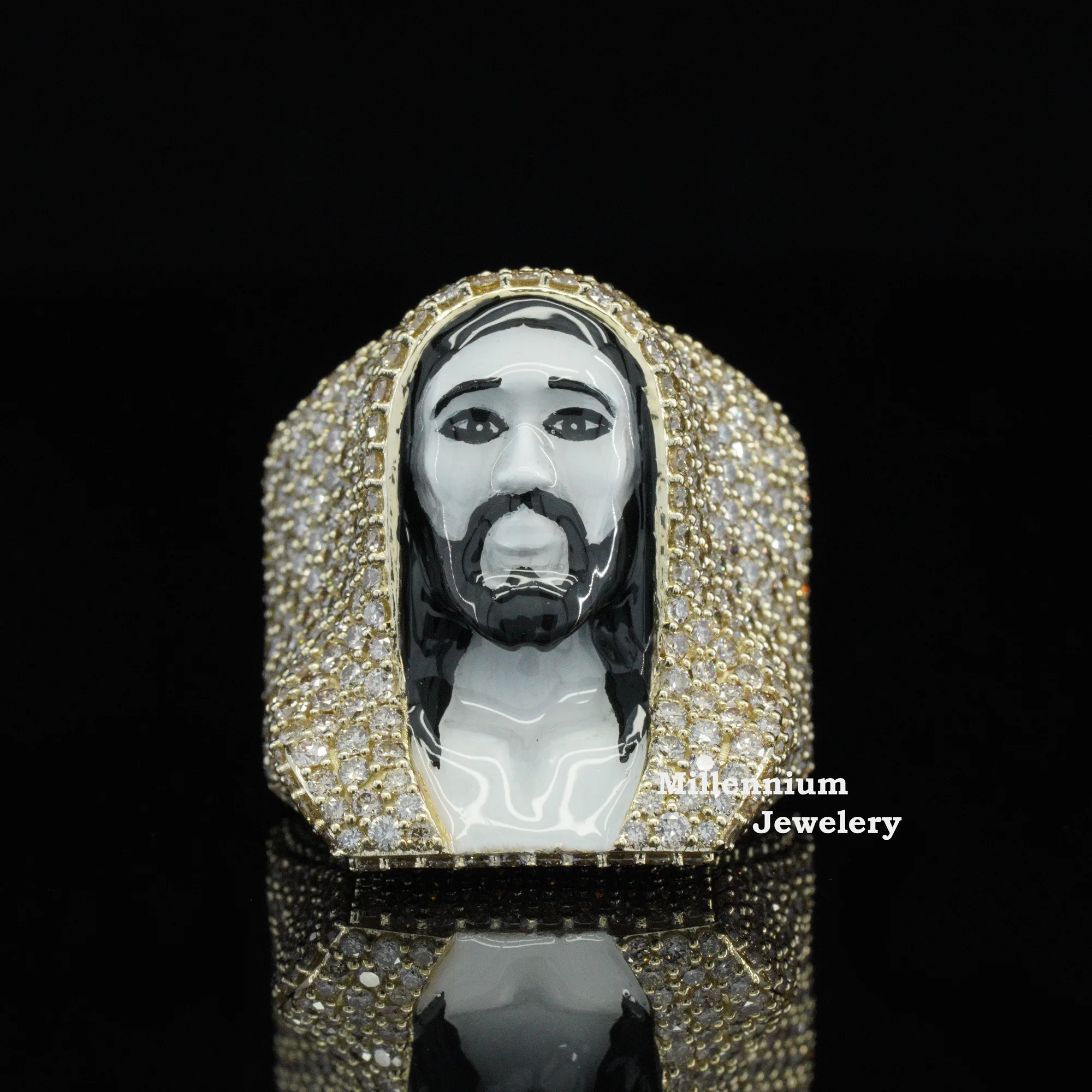 Top Quality VVS Moissanite Ring For Men Yellow Gold Plated 925 Sterling Silver Hip Hop Iced Out Jesus 3D Enamel Ring