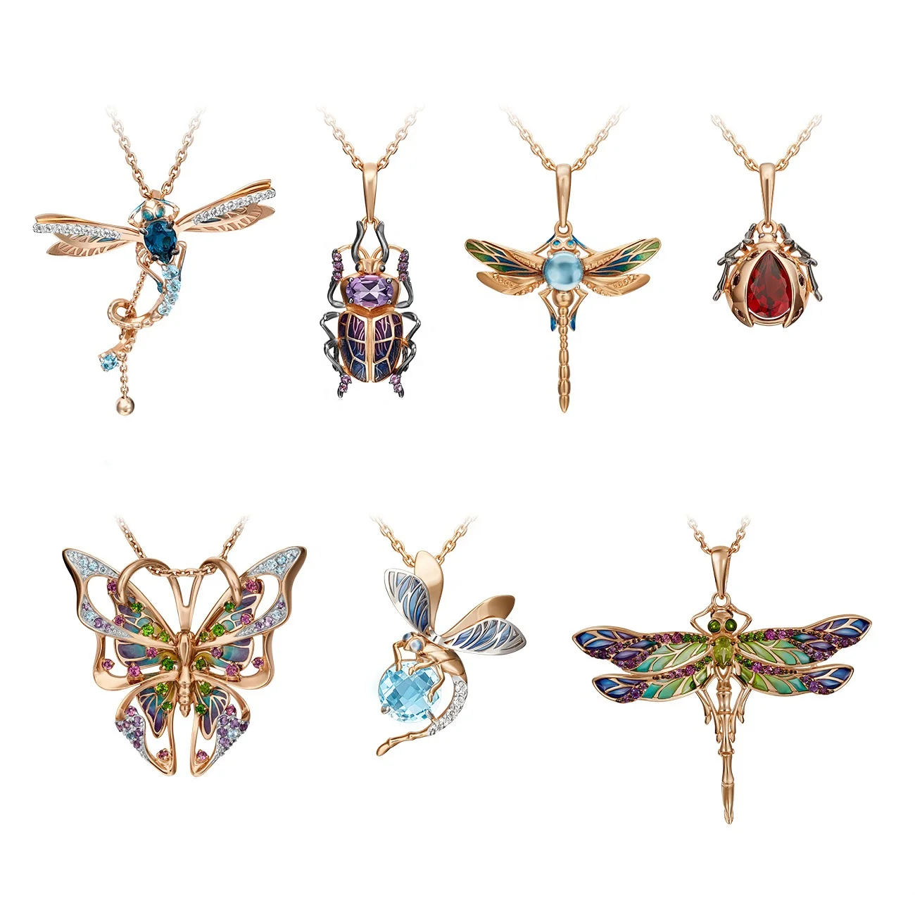 Bug Unique Design Pendant 14K Rose White Yellow Gold Topaz White Topaz Garnet Amethyst Enamel Chromdiopside Chrysolite