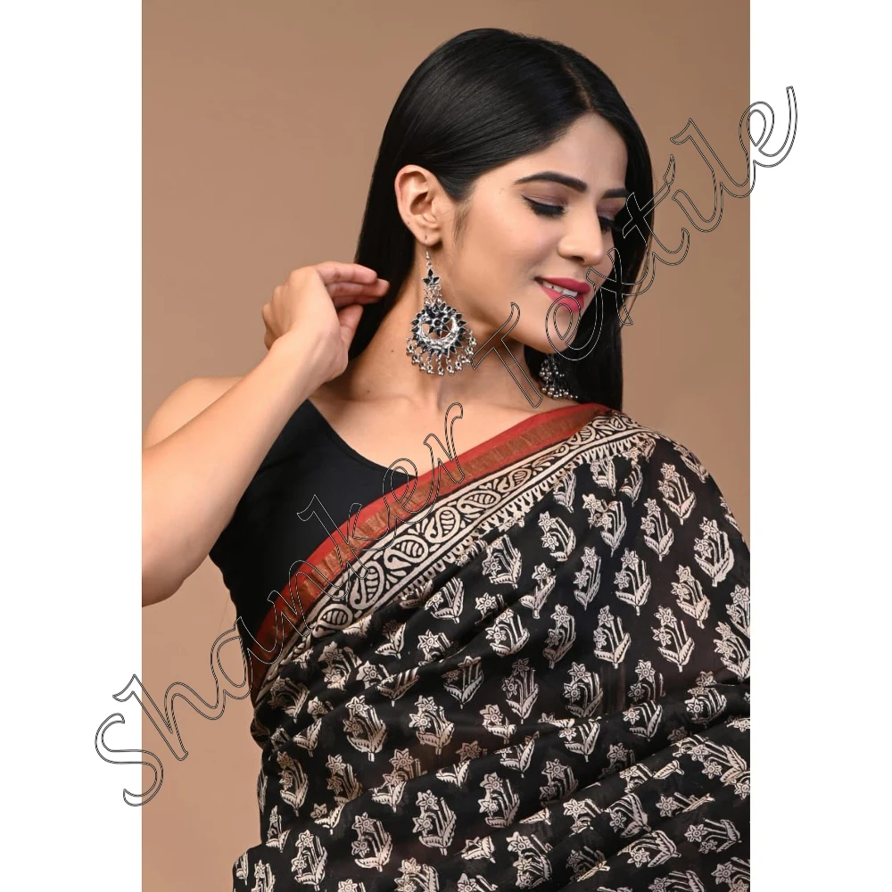 New Chanderi Silk Saree Indian with Blouse Block Printed for Woman Eco-friendly Adults India & Pakistan Wedding Dress Support