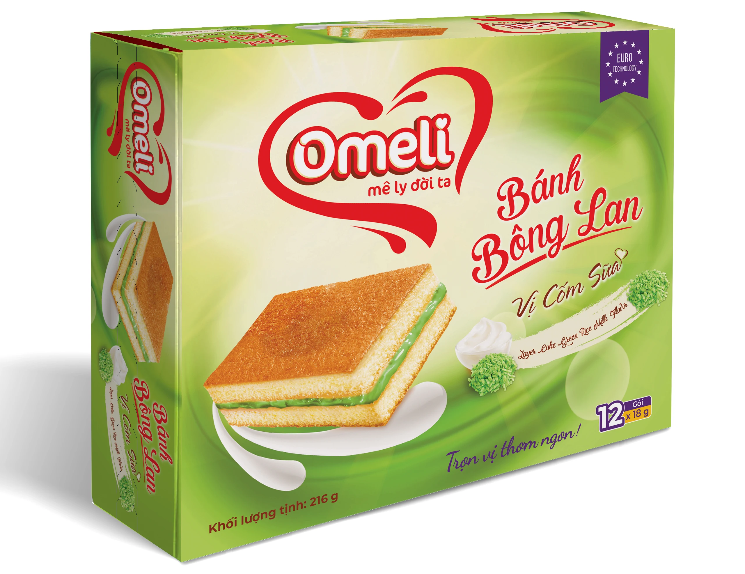Omeli Brand Layer Cake - Pandan Flavour Premium Quality Hot New Made in Vietnam 216g Rectangle Shape