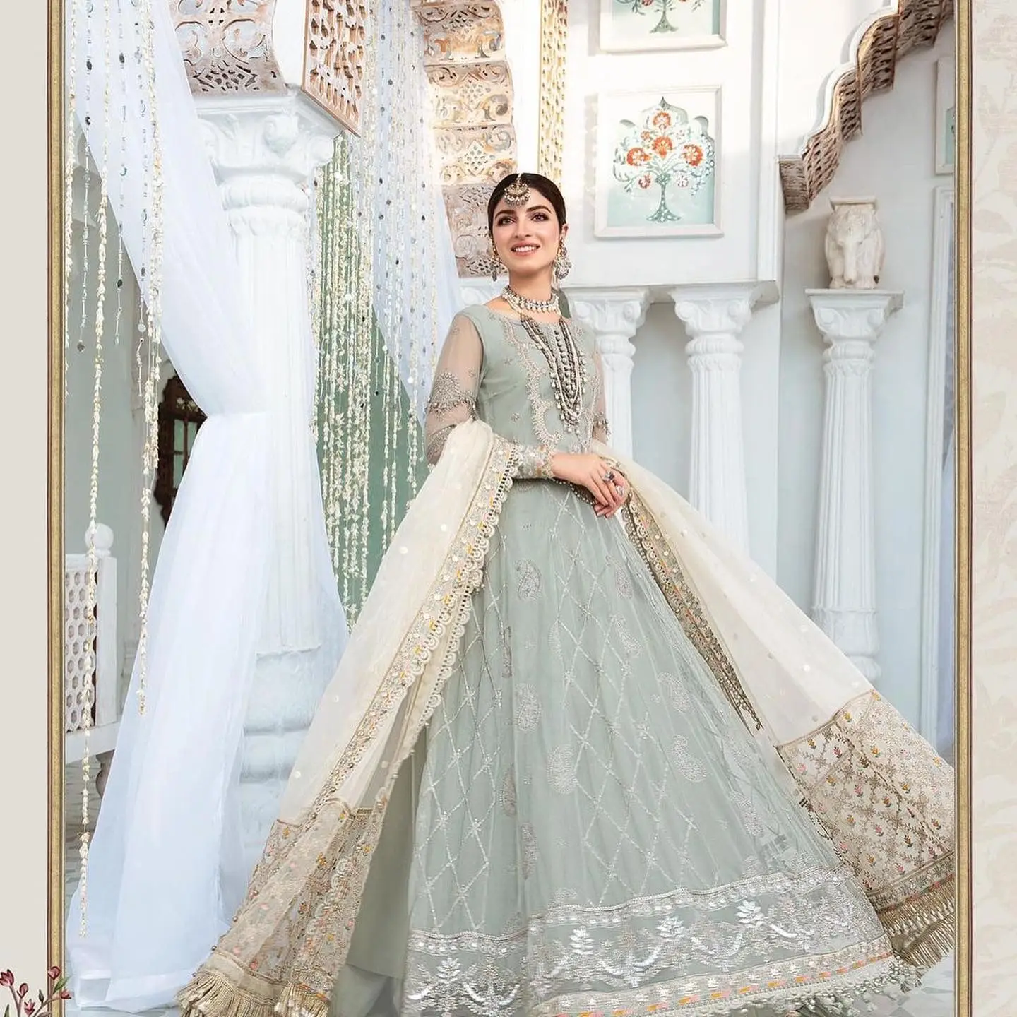 Light Grey Color Ready to wear Stitched Organza Pakistani Shalwar kameez with Front Net embroidery Yoke with Ada work & Dupatta