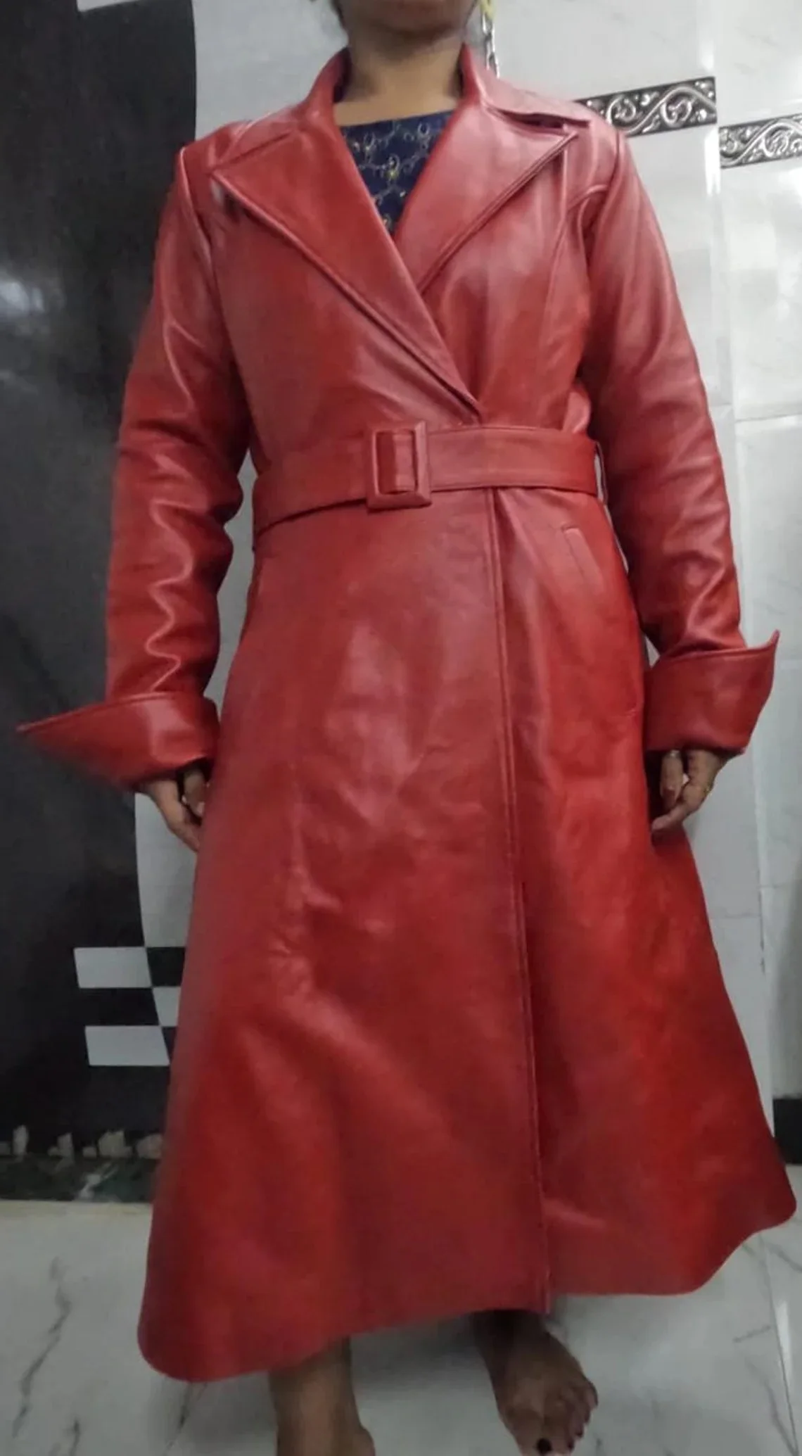 women red leather trench coat one button closure long coat single breasted leather coat stylish celebrity long overcoat