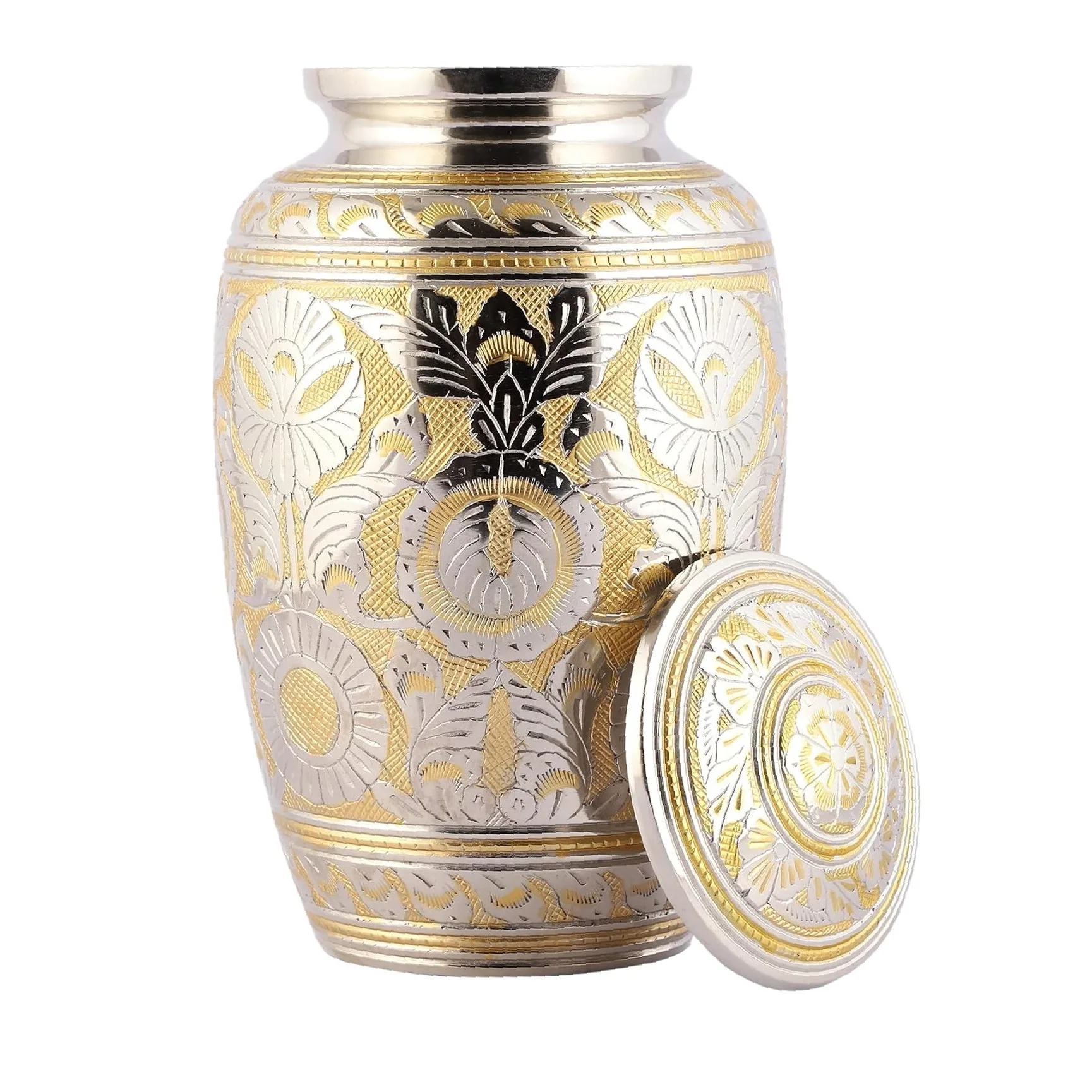 Silver Gold Fully Hand Carved Solid Brass Cremation Urns & Keepsake For Human & Pet Ashes Classic Design Funeral Memorial Urns