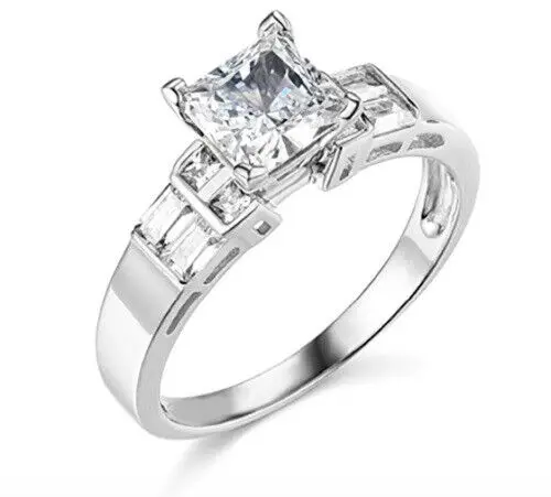 1.30 CT White Princess Cut CZ & Baguette Engagement Wedding Sterling Silver plated Ring 14k White Gold Plated