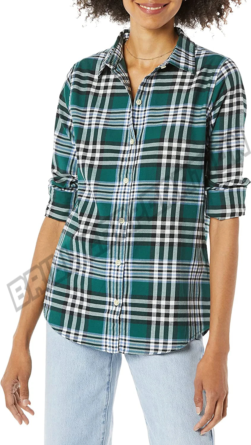 Women Turn-down Collar Long Sleeve Button Up Standard Size Flannel Plaid Shirt | Ladies Adult Girls Casual Flannel Shirts