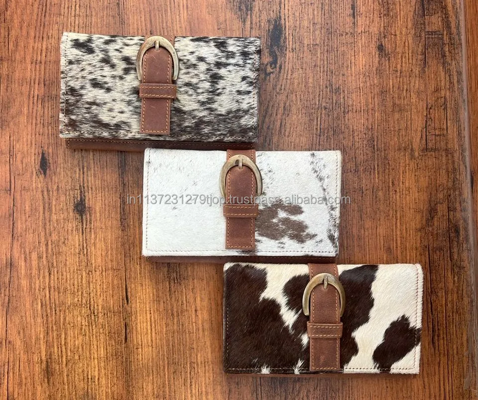 New Real Handmade Hair On Hide Wallets for Women Slim Wallet Bifold Leather Snap Fur Clutch Purse Real Cow Hide Fur Purse Wallet