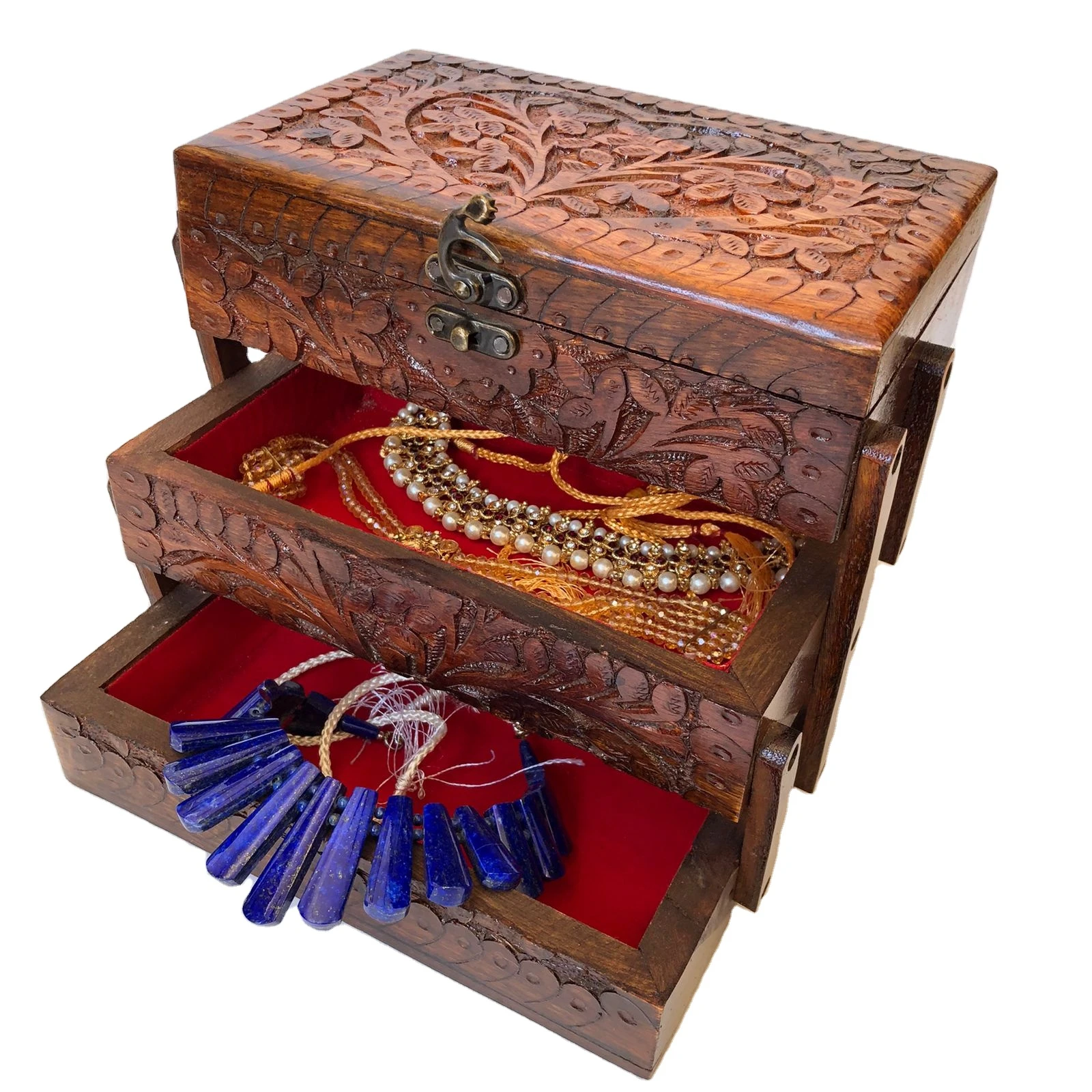 Handmade Hand Carved handi craft wooden Best Quality Wooden Jewelry Box Three Step Hand Carved Modern handi craft Wooden gift