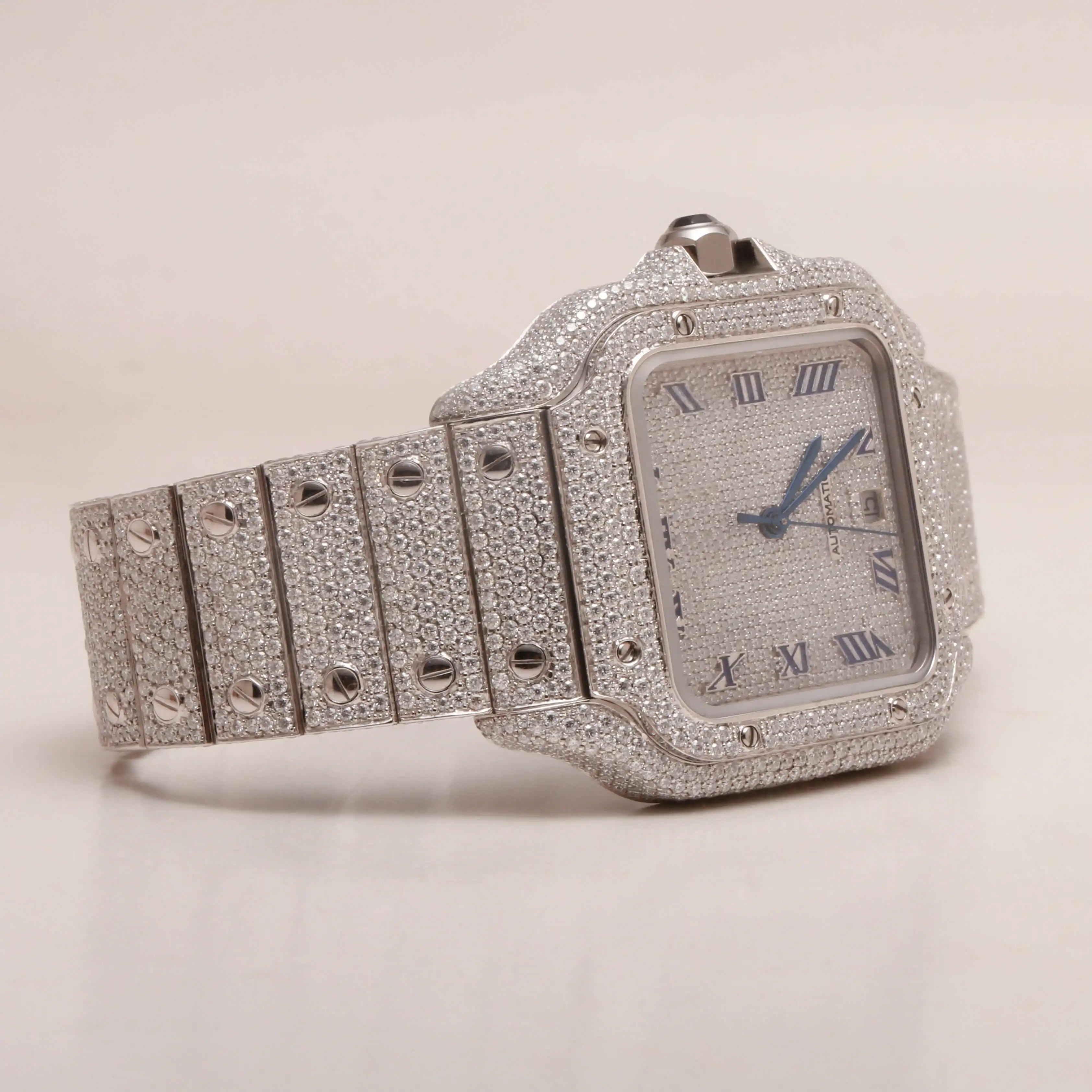 Hip Hop Customized and Certified Full Diamonds Case with Stainless Steel Automatic Band Full Iced Out Unisex Moissanite Watch