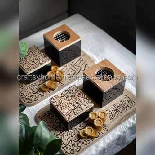 Ramadan gifting Arabic Callighrapgy Wooden Bakhoor Incense Burner Set with Tray Box Incense Mubkhar Madkhan Set from India