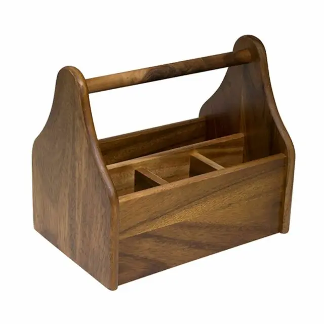 Premium Caddy Table Organiser Handmade Wooden Basket Shape Multipurpose Cutlery Holder 4 Compartments with carrying handle