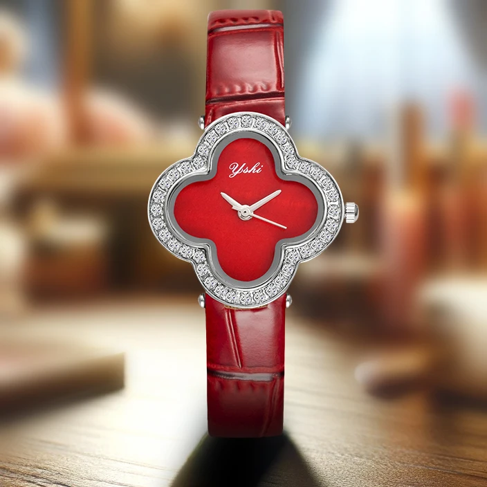 YSHI New Style Flower Shape Quartz Watches Leather Strap Elegant Women Wristwatch Ladies Watch