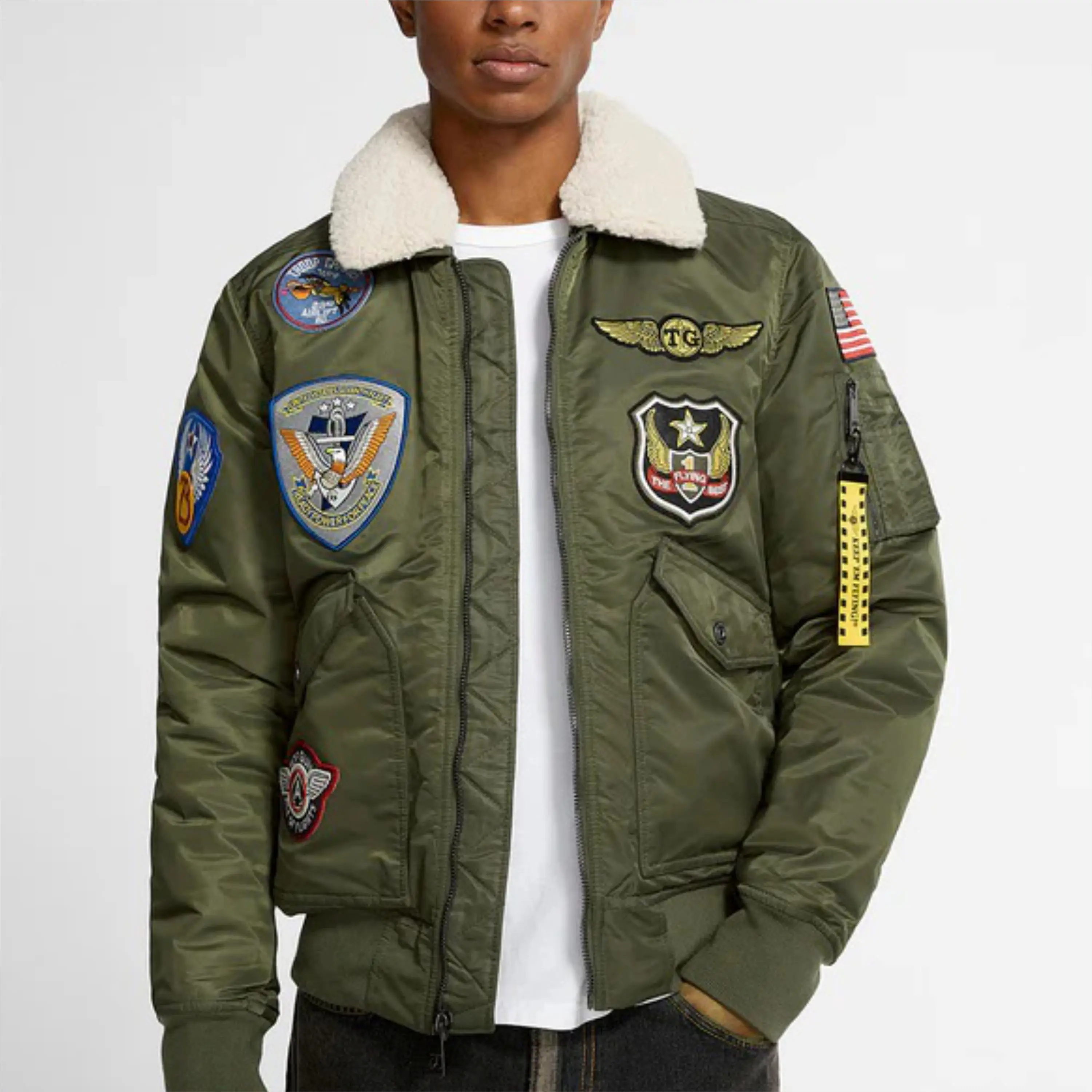 High-Quality Men Leather Aviator Bomber Jacket with Authentic  Patches | Customizable Design