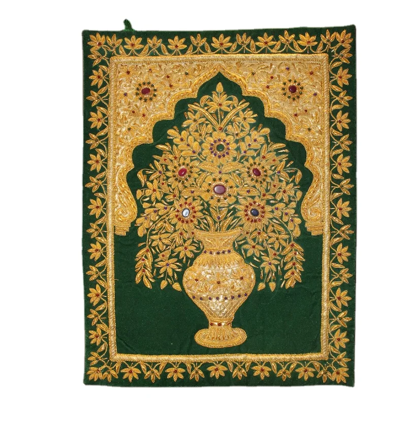 Semi Precious Gemstone Zari Hand Embroidery Jewel Carpet