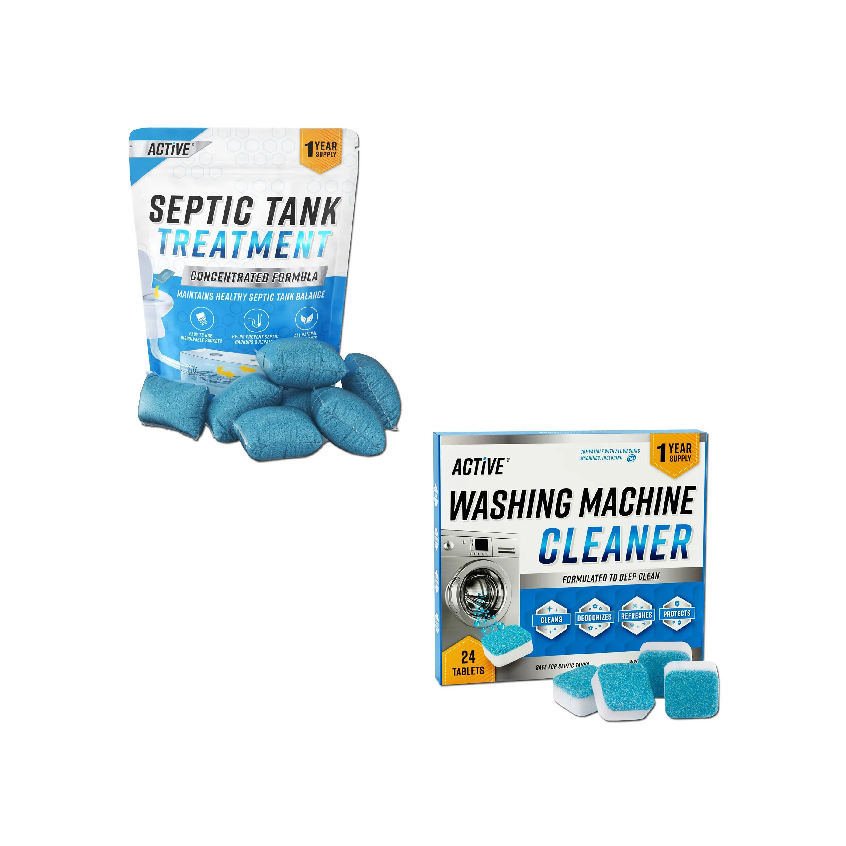 ACTIVE Washing Machine Cleaner And Septic Tank Treatment Pods Bundle - Includes 12 Month Supply Washing Machine Descaler