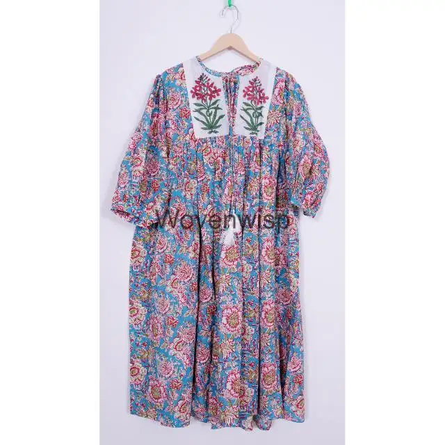 Women Dress With Sewing Pattern Maxi Standard New Arrival Women Clothing Custom Dress Elegant Hand Block Floral Print Cotton
