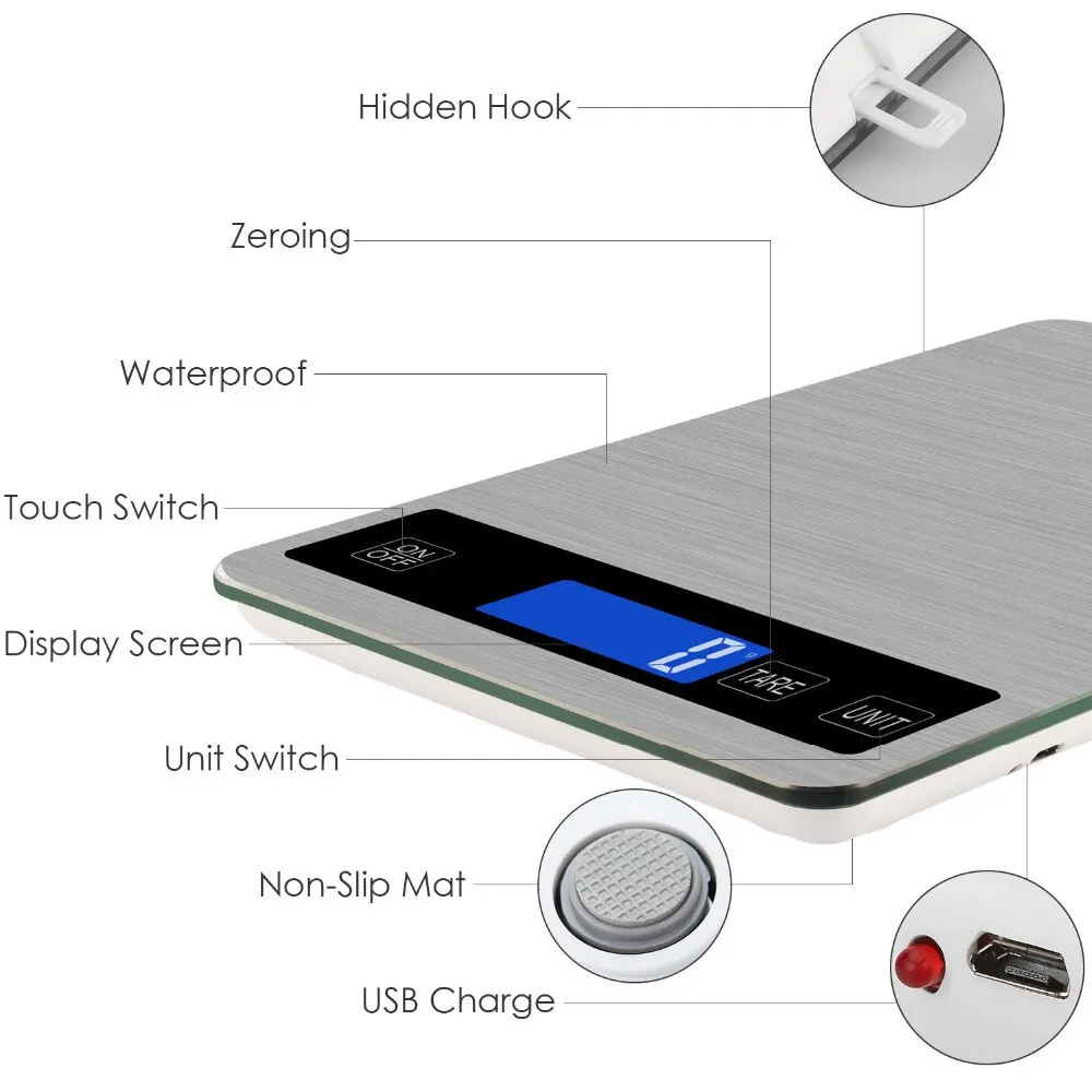 Tempered Glass Waterproof Food Scale 5kg 10kg 15kg Large Capacity Stainless Steel Platform Kitchen Scale