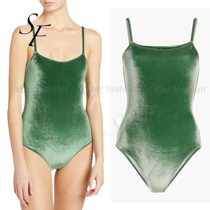 Custom summer spaghetti straps scoop neckline velvet fabric women velour swimwear sexy elegant one piece bikini swimsuit