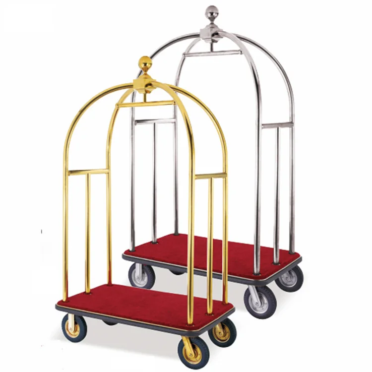 Wholesale Luxury Hotel Stainless Steel Birdcage Luggage Trolley Four Wheels Golden Luggage Cart Trolley