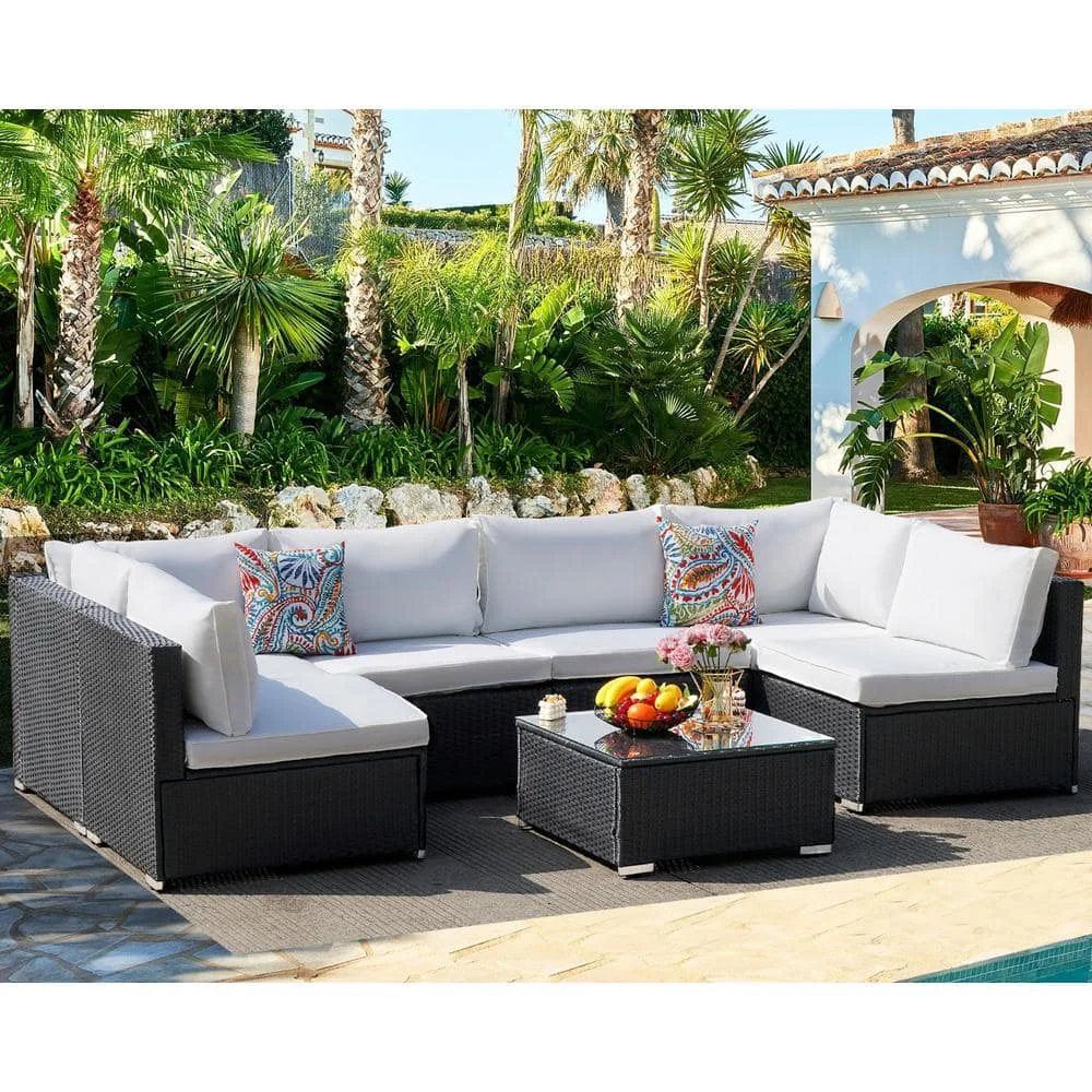 AJUNION 7 Piece PE Rattan Wicker Sectional Garden Sets Outdoor Furniture Sofa Set Furniture for Garden