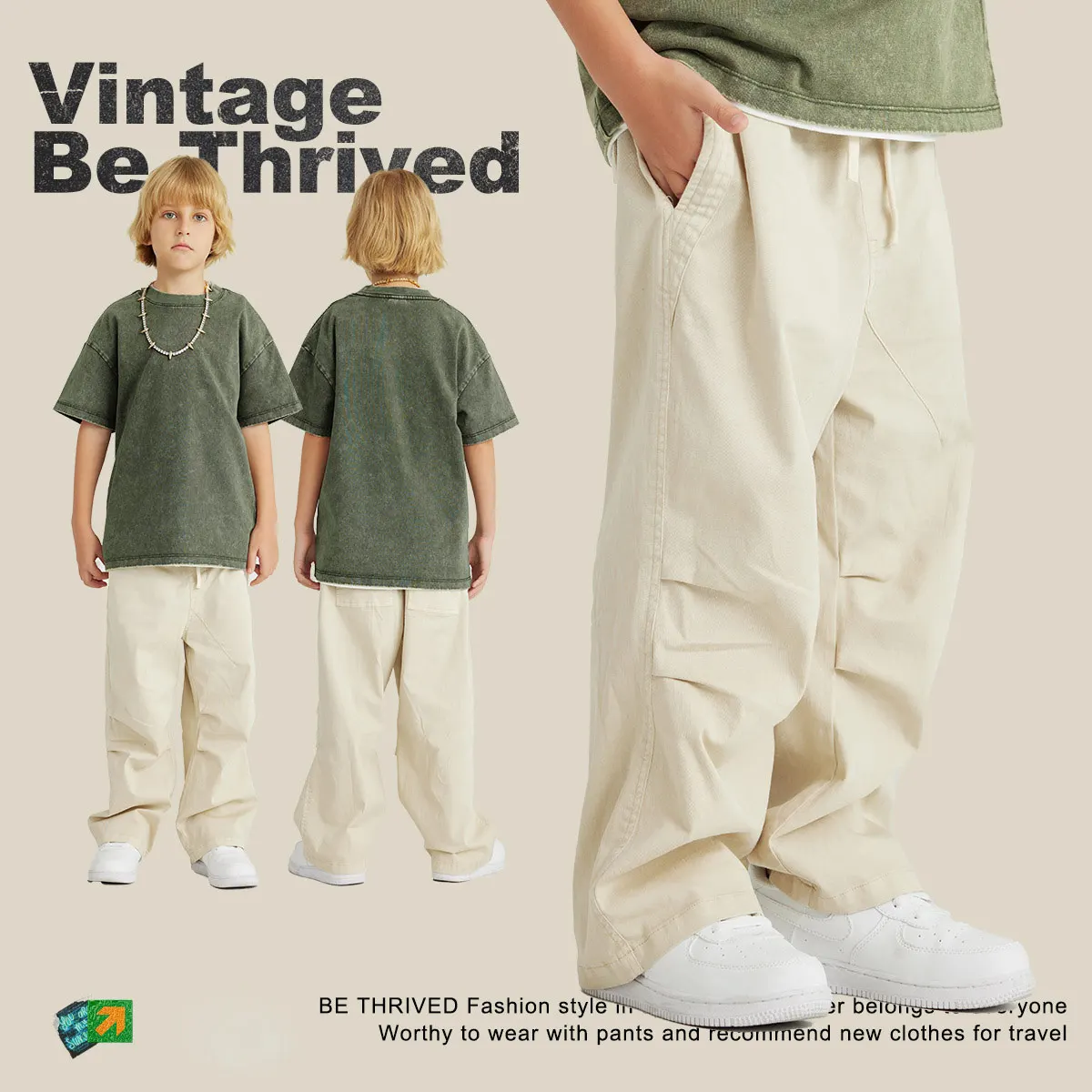 Factory New Arrival 100% Cotton Vintage Casual Washed Streetwear Long Pants for Kids Boys